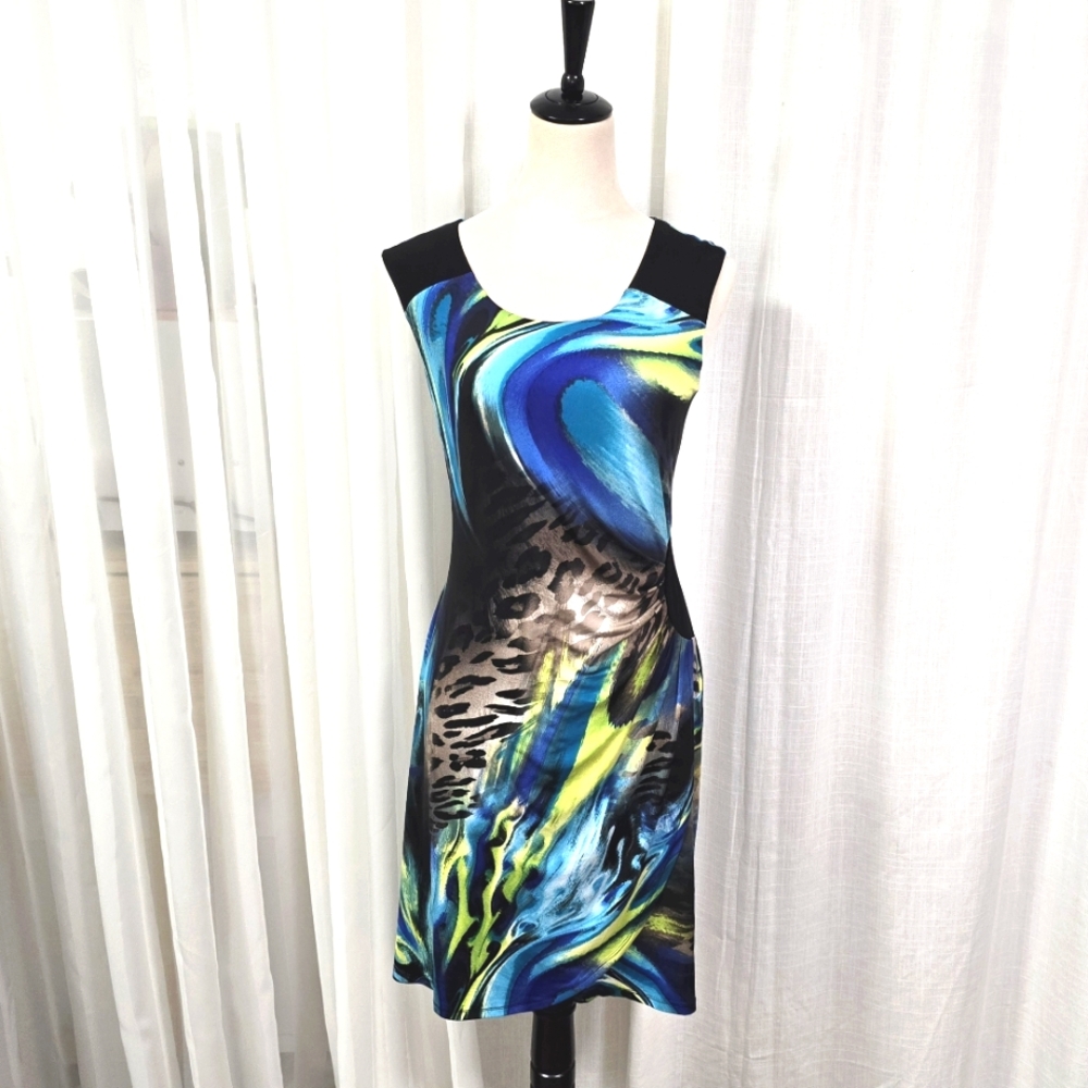 VTG Y2K Bali Multicolor Leopard Print Sleeveless Dress Size 12 Mob Wife Summer